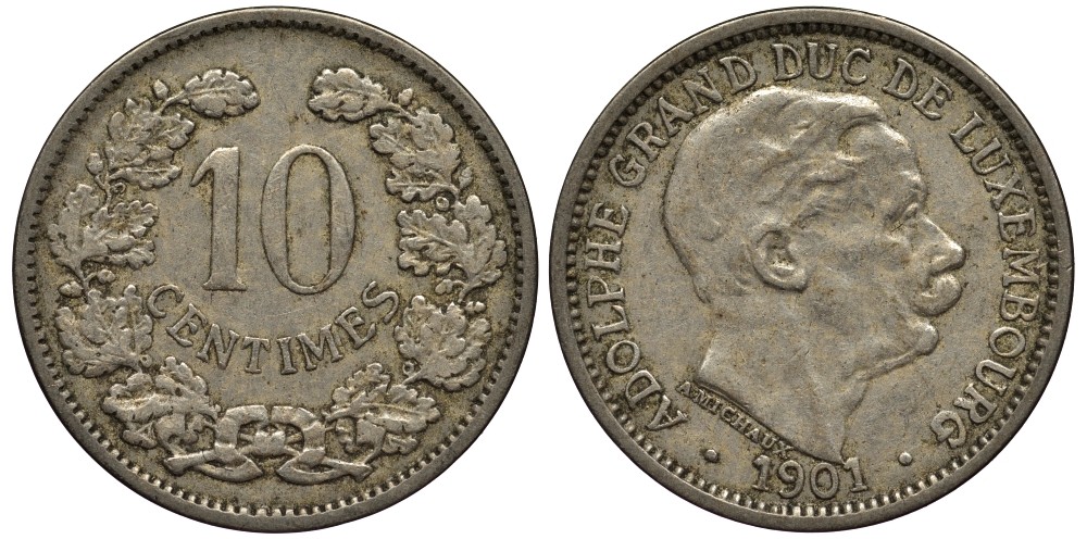 ЛЮКСЕМБУРГ 10 САНТИМОВ 1901 ВЕЛИКИЙ ГЕРЦОГ АДОЛЬФ (1890-1905) КМ 25 медно-никель 4538-656