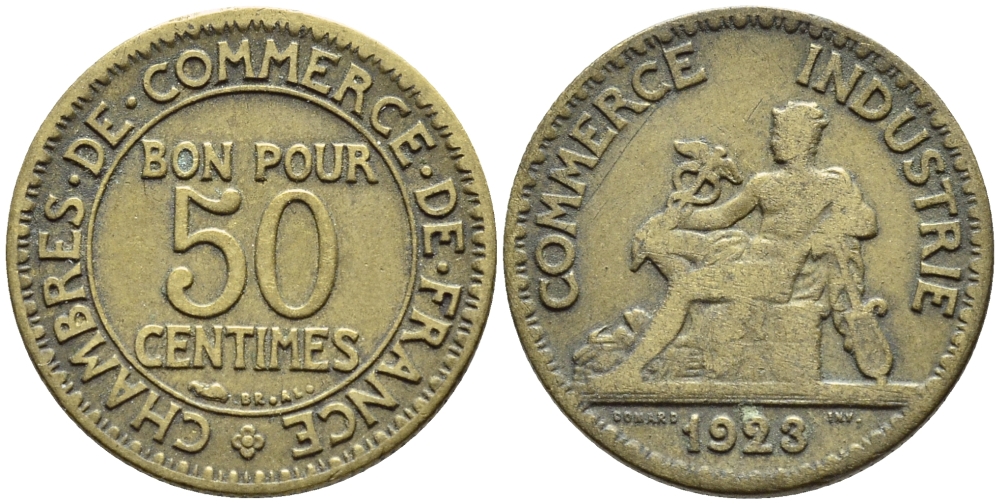 ФРАНЦИЯ 50 САНТИМОВ 1923 CHAMBRES DE COMMERCE KM 834, LE FRANC 191.6 алюминиевая бронза 4392-632