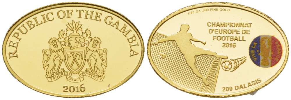Гамбия 200 даласи 2016 чемпионат Европы по футболу во Франции, овал, эмаль KM NEW золото PROOF 00-812-11