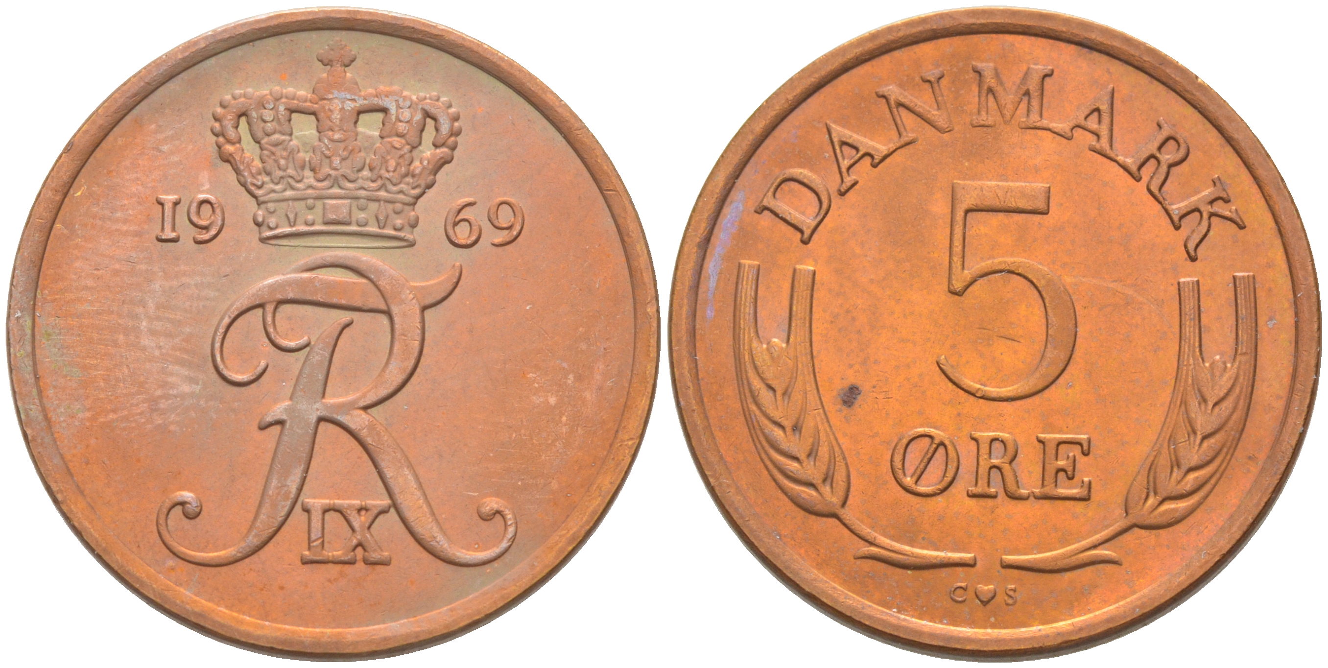 ДАНИЯ 5 ЭРЕ 1969 C; S, ФРЕДЕРИК IX (1947-1972) KM 848.1 бронза UNC 106-222