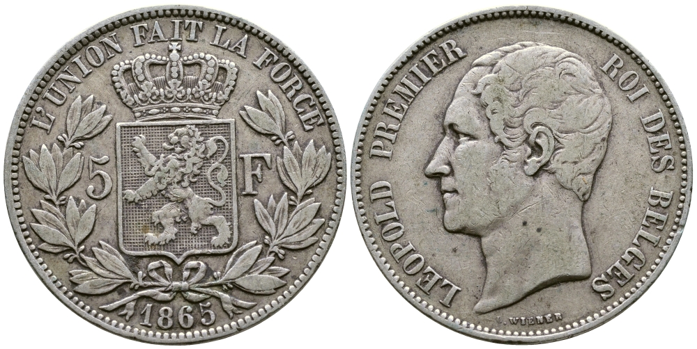 Бельгия 5 франков 1865 Леопольд I (1831-1865) KM 17 серебро 00-1067-5-64