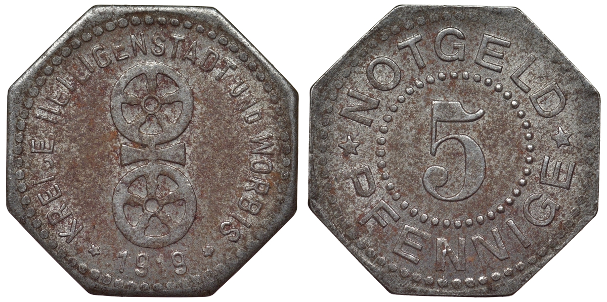 Германия, Хайлигенштадт 5 пфеннигов 1919 Тюрингия, нотгельд Funck 206.1 железо 4119-1111
