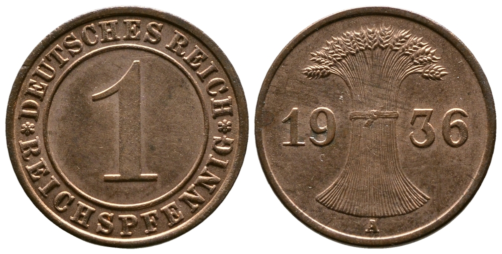 Германия 1 рейхспфенниг 1936 A KM 37, J. 313 бронза 220-152