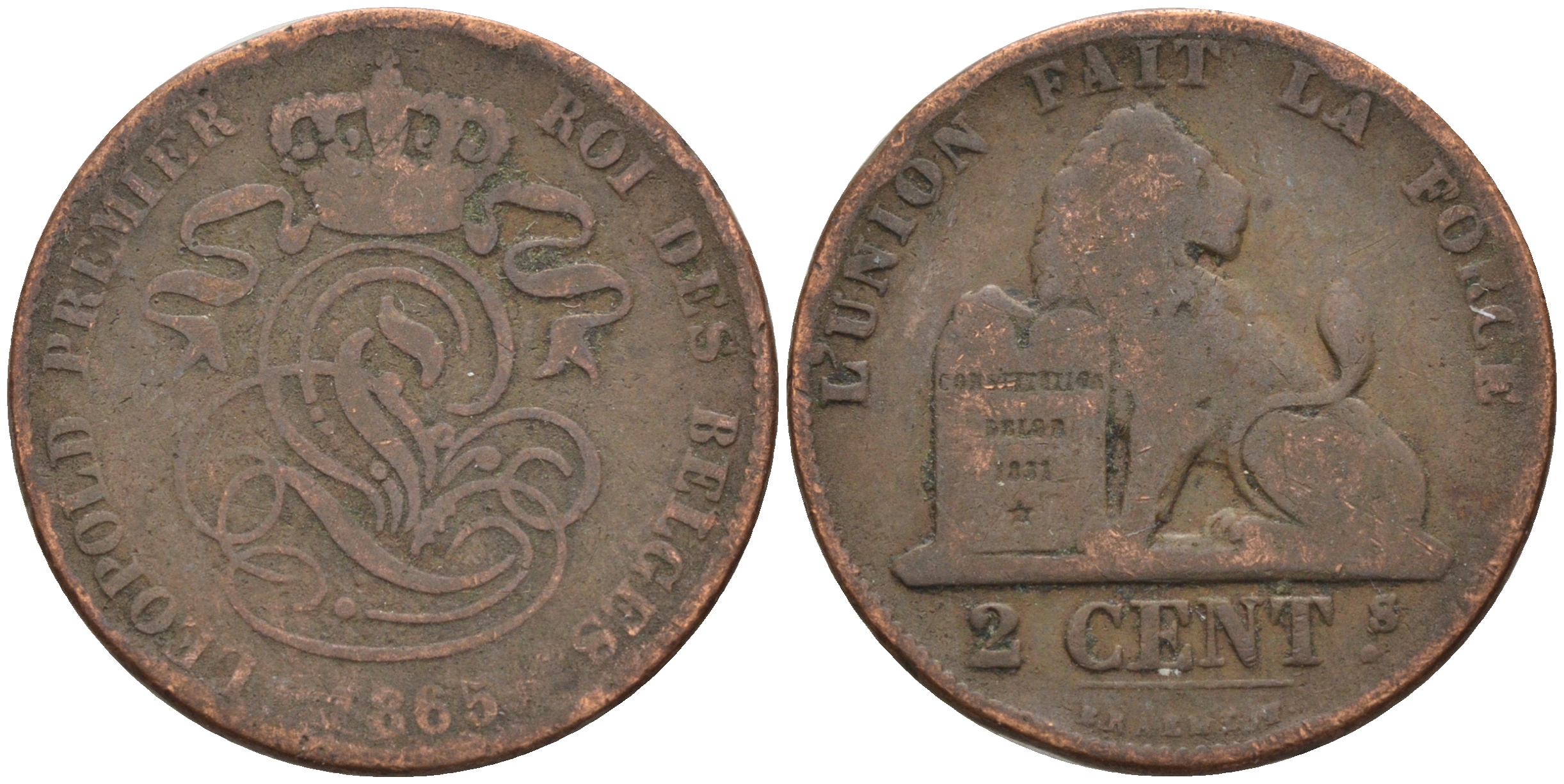 Бельгия 2 сантима 1865 Belges KM 4.2 медь 4595-212