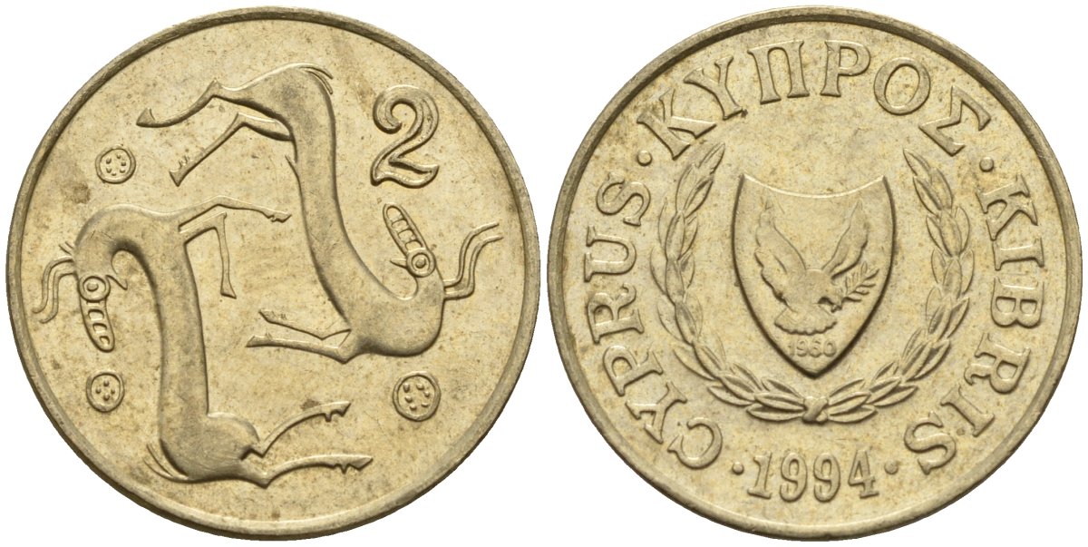 Кипр 2 цента 1994 KM 54.3 никель латунь 4596-114
