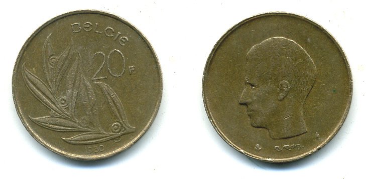 БЕЛЬГИЯ 20 ФРАНКОВ 1980 BELGIE, БОДУЭН I (1951-1993) KM 160 никель бронза 25-1553