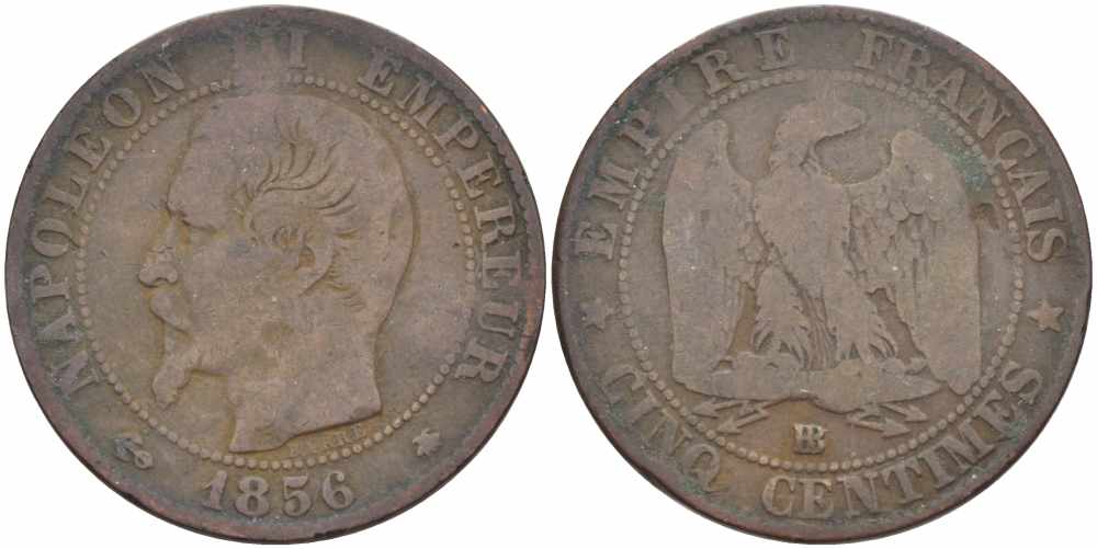 Франция 5 сантимов 1856 BB, Наполеон III (1852-1870) KM 777.3, LE FRANC 116.32 бронза 108-413