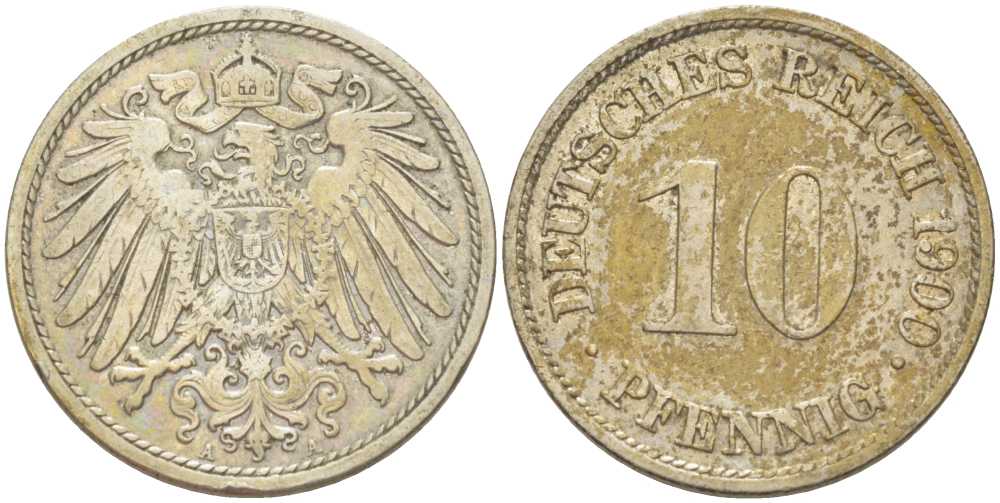 Германия 10 пфеннигов 1900 A KM 12, J. 13, Weege 8 медно-никель 259-812