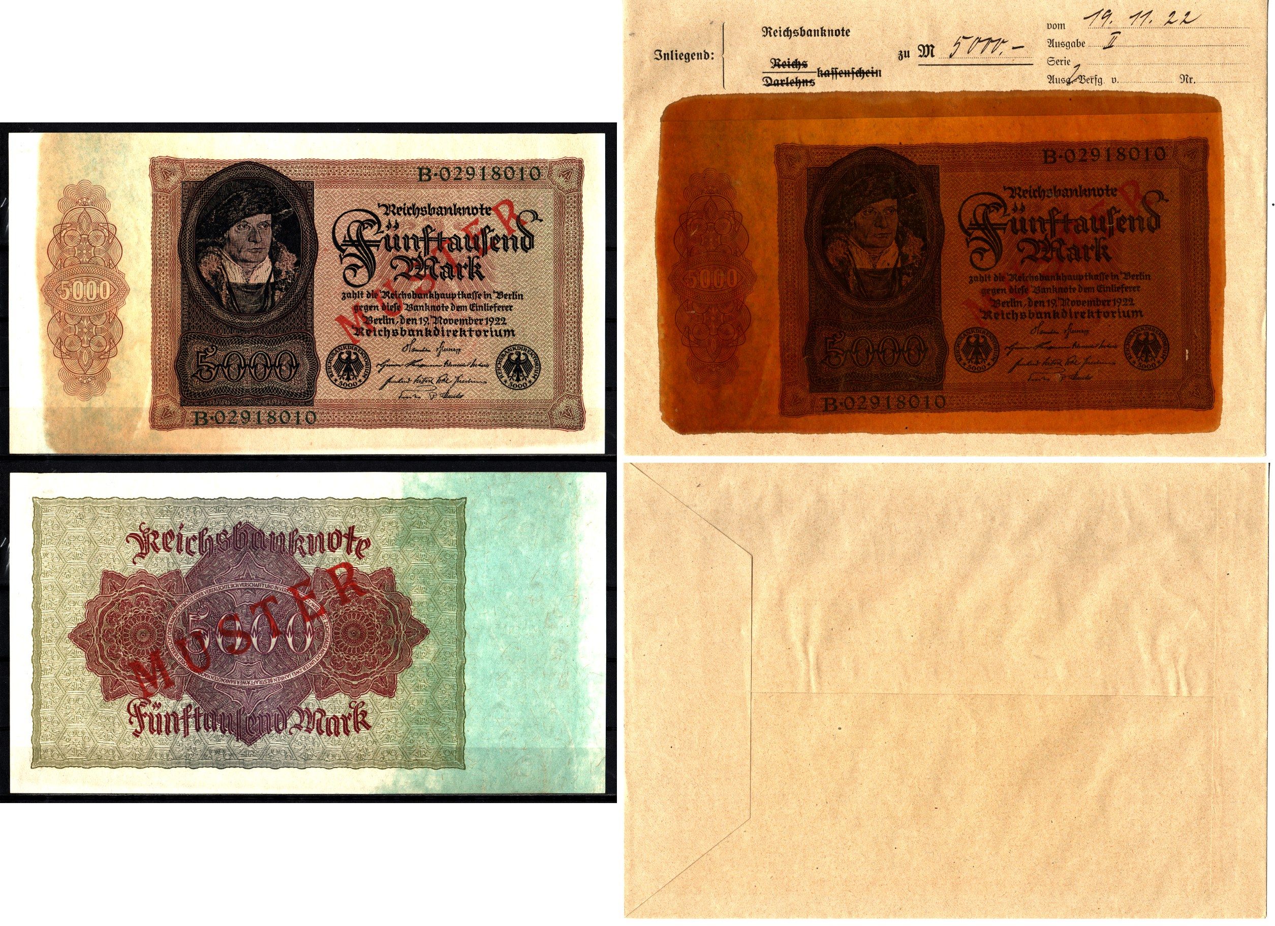 Германия 5000 марок 1922 19 ноября, MUSTER, образец, Specimen. В оригинальном банковском конверте. Из коллекции Отто Сейфферта Pick 78 s, Grabowski DEU 88 бумага UNC (пресс) 10-4-58