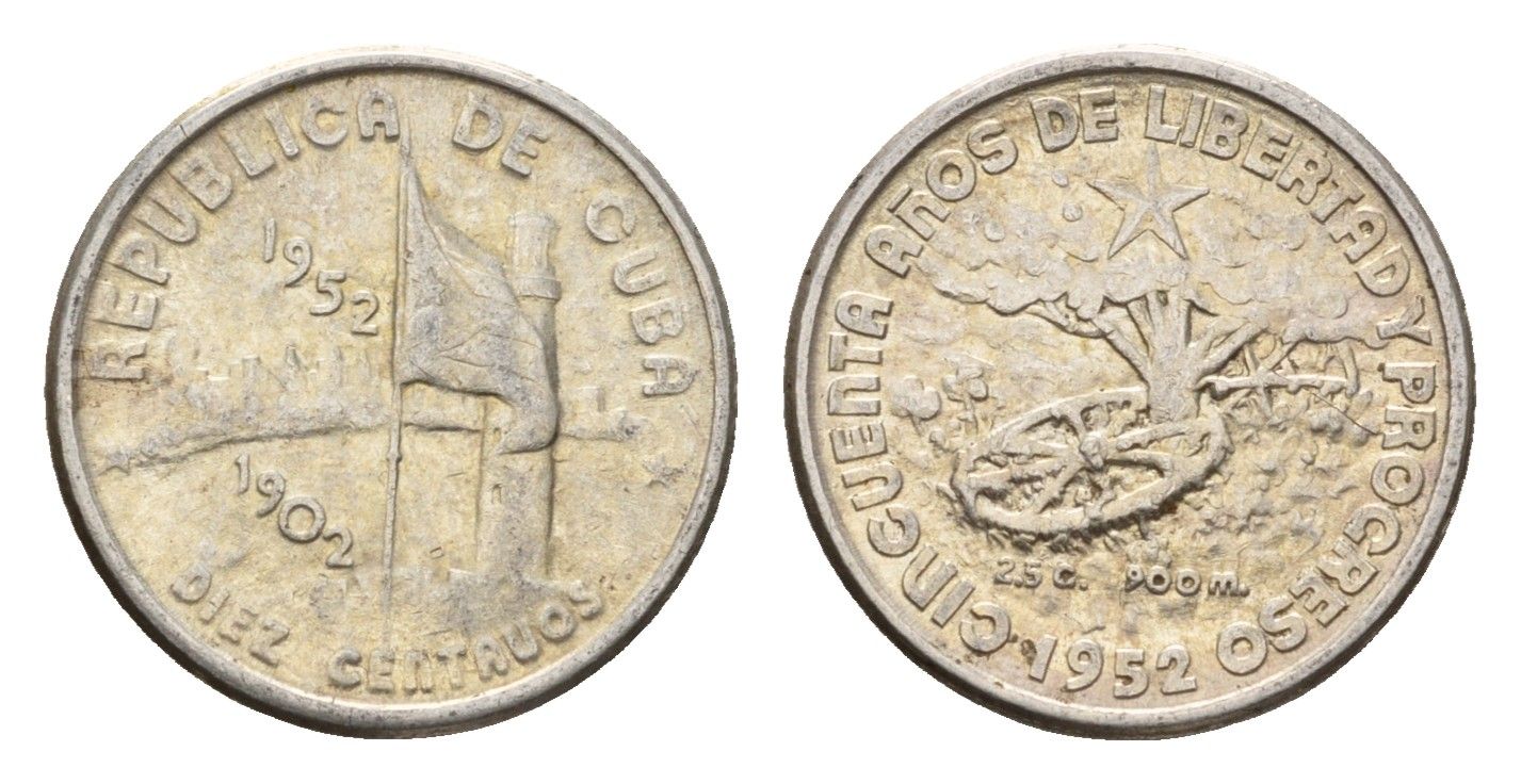 Куба 10 сентаво 1952 50 лет Республике Куба KM 23 серебро 4532-263