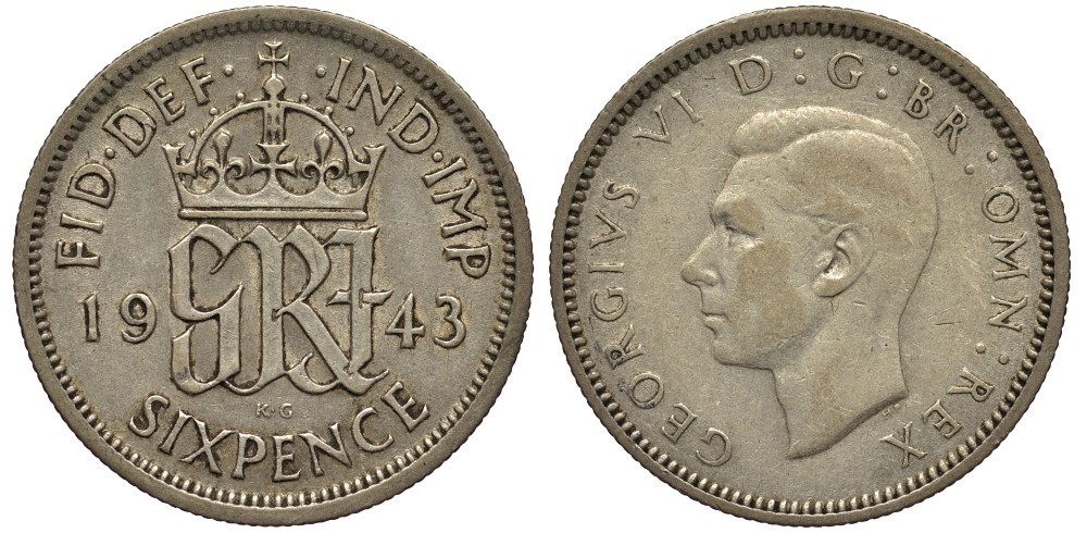 Великобритания 6 пенсов 1943 Георг VI (1936-1952) KM 852, Spink 4084 серебро 4538-523