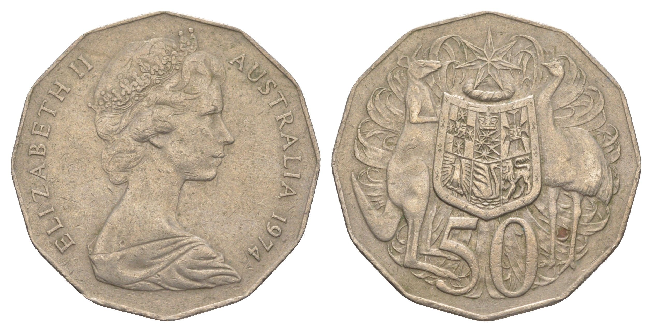 Австралия 50 центов 1974 Елизавета II (1952-2022), герб Австралии, кенгуру KM 68 медно-никель 4383-623