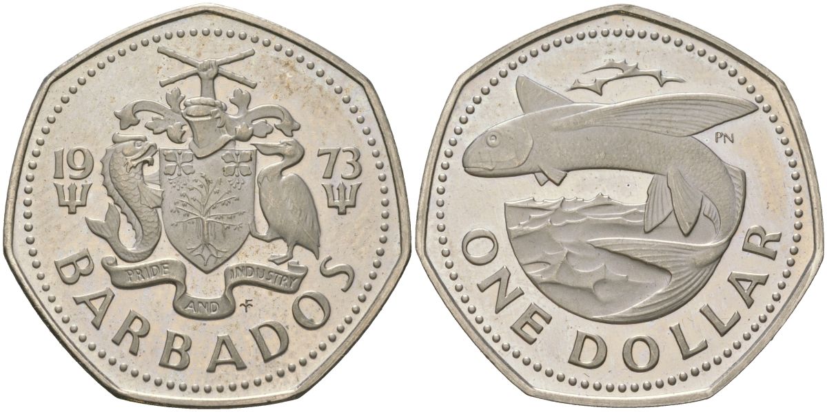 Барбадос 1 доллара 1973 FM, Елизавета II (1952-2022) KM 14.1 медно-никель PROOF 4587-722