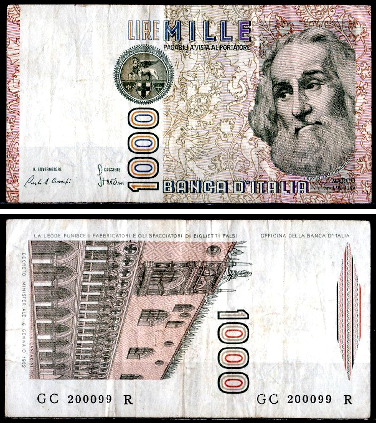 Италия 1000 лир 1982 Pick 109 a бумага 6281-50-1-1