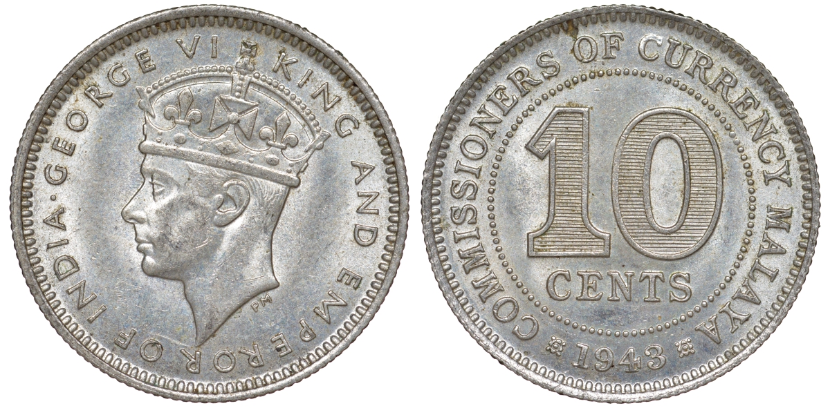 Британская Малайя 10 центов 1943 Георг VI (1937-1952) KM 4a серебро 53-238