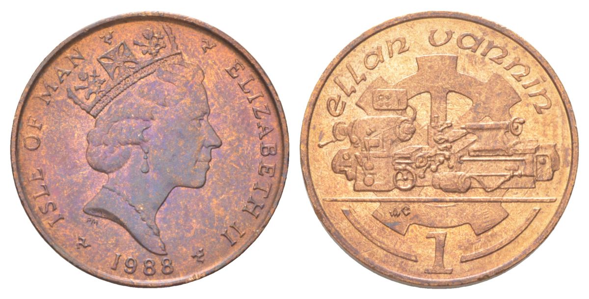 Остров Мэн 1 пенни 1988 АА, токарный станок, Елизавета II (1952) KM 207 бронза UNC 4625-367