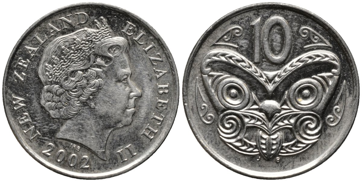 Новая Зеландия 10 центов 2002 Елизавета II (1952-2022), маска маори KM 117 медно-никель 4579-1011