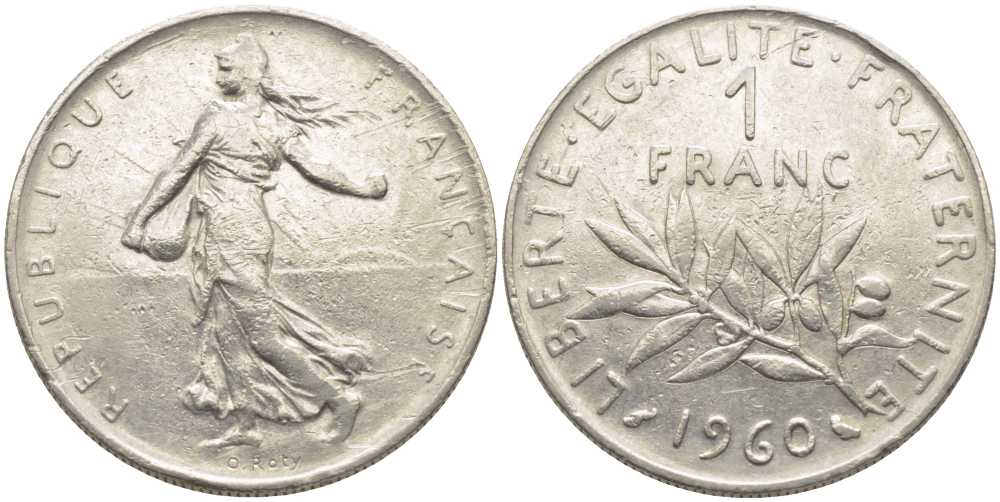 ФРАНЦИЯ 1 ФРАНК 1960 СЕЯТЕЛЬ KM 925.1, LE FRANC 226.4 никель 175-453