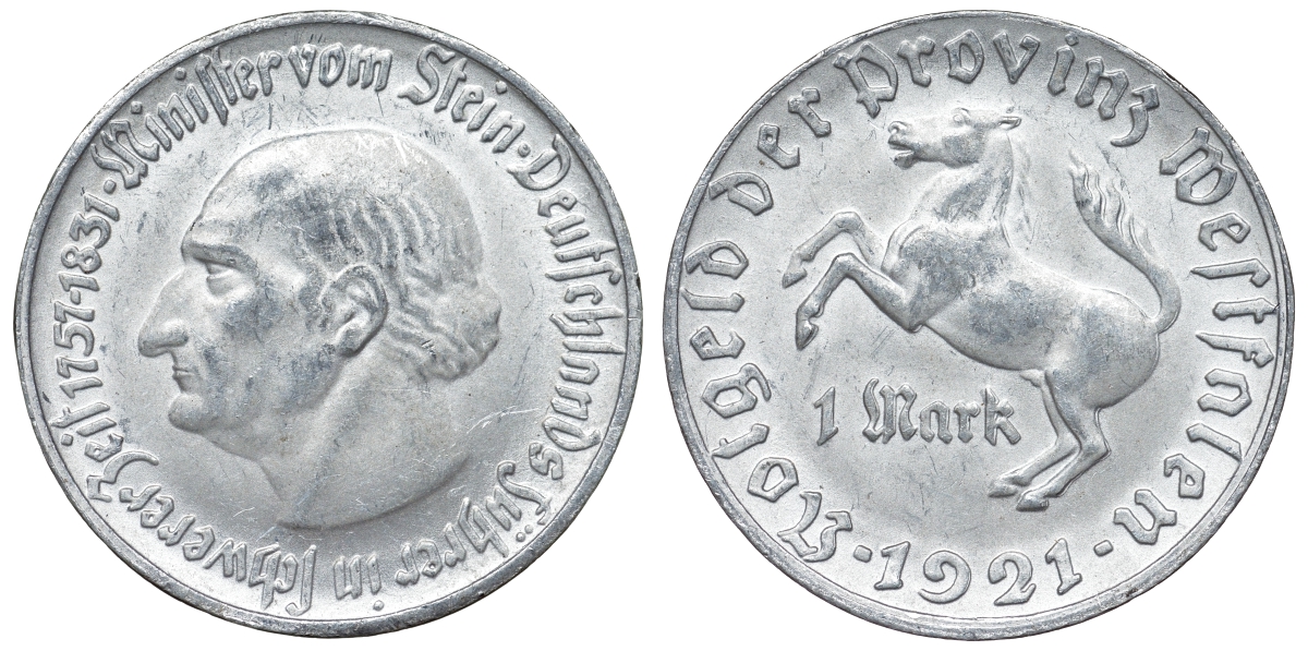 Германия, Вестфалия 1 марка 1921 северный Рейн-Вестфалия, нотгельд, Штейн J. N10 алюминий 4123-111