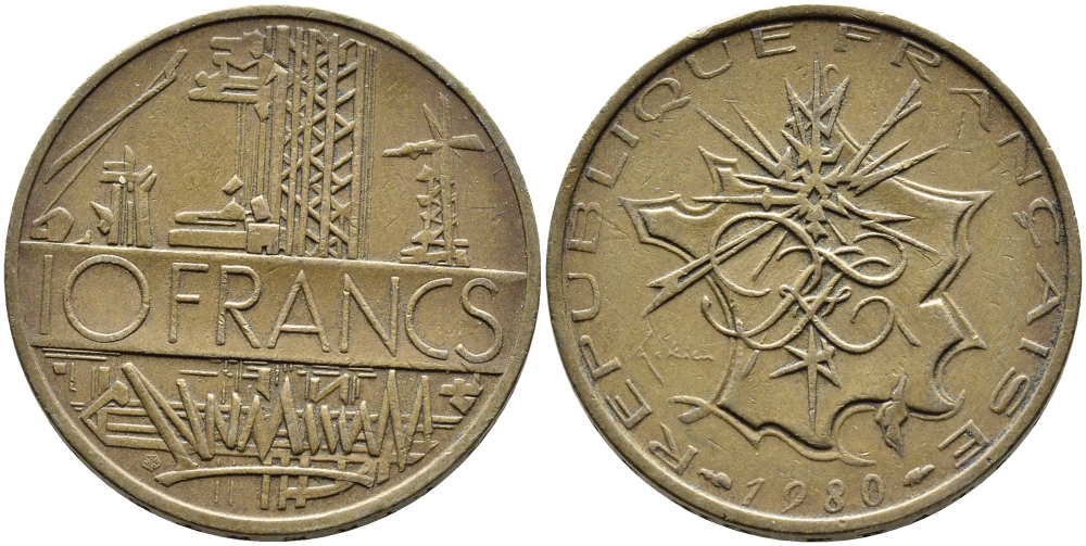 Франция 10 франков 1980 тип Матье KM 940, Le Franc 365.15-16 никель латунь 4393-221