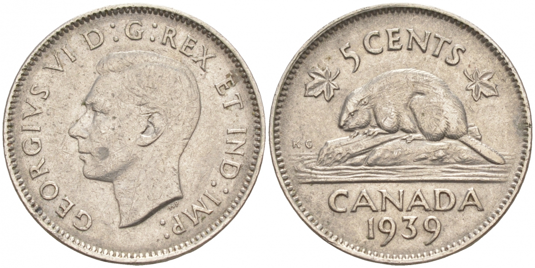 Канада 5 центов 1939 Георг VI (1937-1952), бобр KM 33 никель 73-1136
