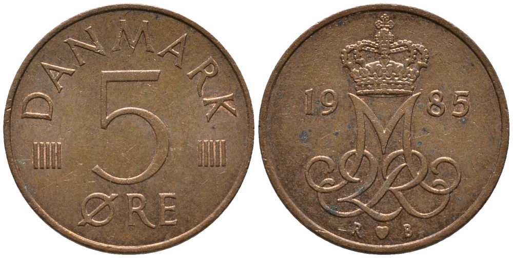 ДАНИЯ 5 ЭРЕ 1985 R; B, МАРГРЕТЕ II (1972-) KM 859.3 железо плакированное медью 116-165