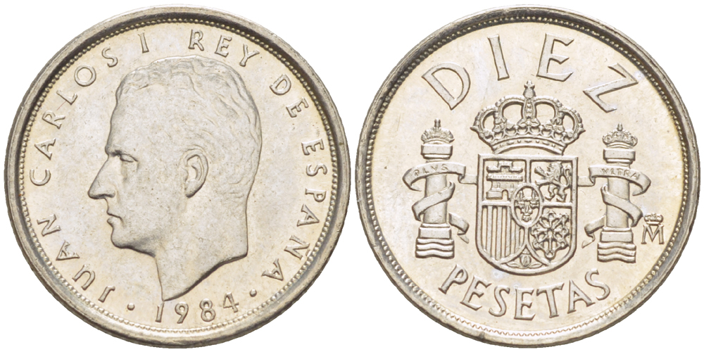 ИСПАНИЯ 10 ПЕСЕТ 1984 ХУАН КАРЛОС I ( 1975-) KM 827 медно-никель XF4181-1041