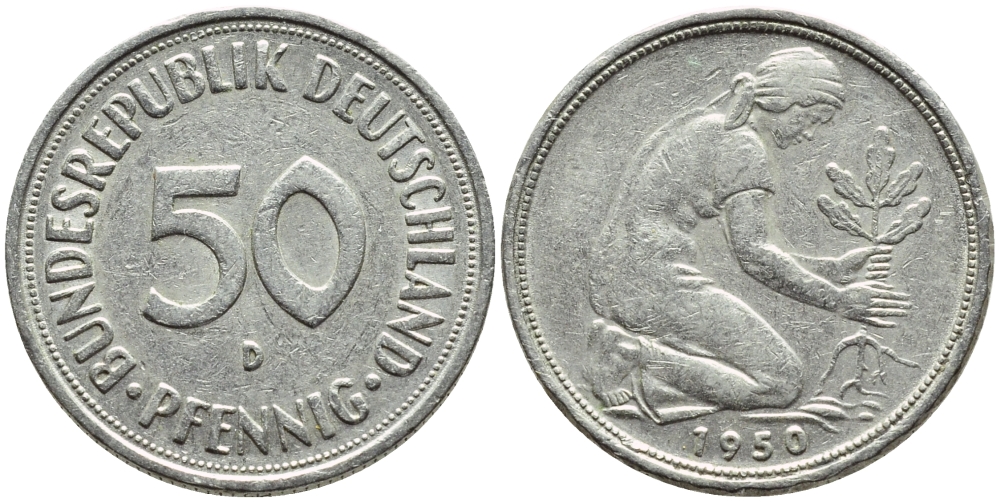 ФРГ 50 ПФЕННИГОВ 1950 D KM 109.1, J. 384 медно-никель 4392-1047