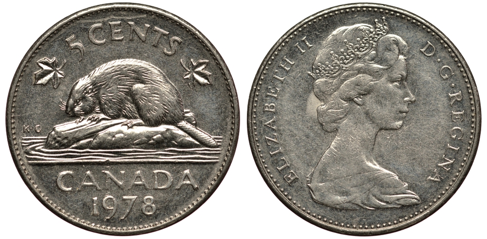 КАНАДА 5 ЦЕНТОВ 1978 БОБЁР, ЕЛИЗАВЕТА II (1952-) KM 60.1 никель 4182-252