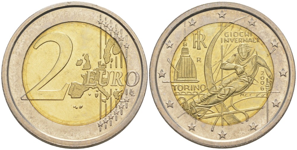 Италия 2 евро 2006 XX зимние Олимпийские игры в Турине 2006 года, лыжник KM 246 биметалл UNC 4185-842