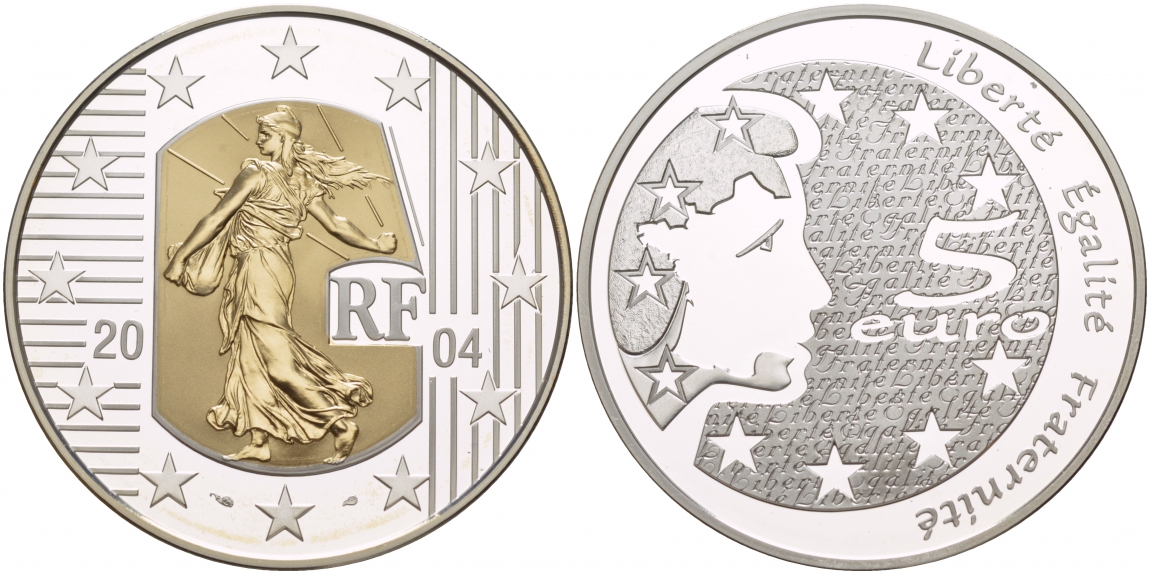 Франция 5 евро 2004 сеятель, золотая вставка, тираж 3000 экз.  биметалл  PROOF  00-807-52