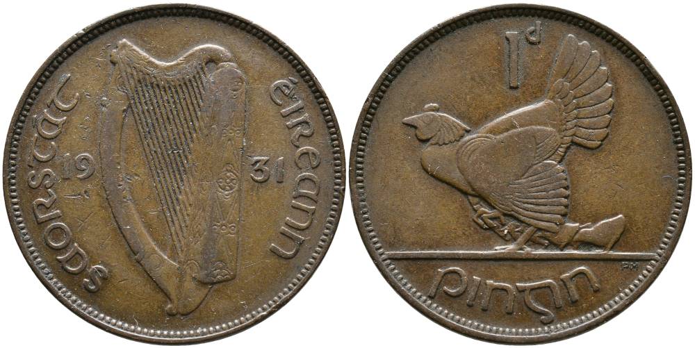 Ирландия 1 пенни 1931 курица с цыплятами KM 3 бронза 4531-624