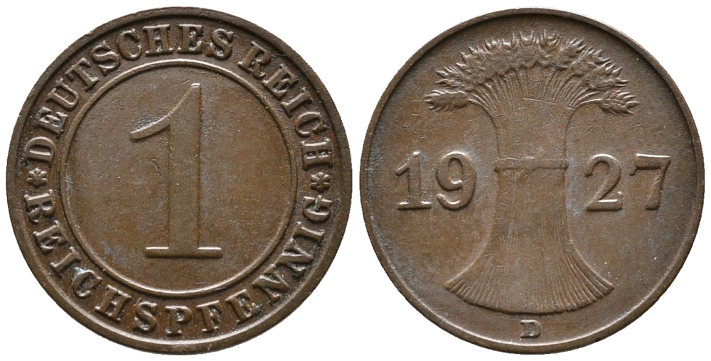 ГЕРМАНИЯ 1 РЕЙХСПФЕННИГ 1927 D KM 37, J. 313 бронза 39-937