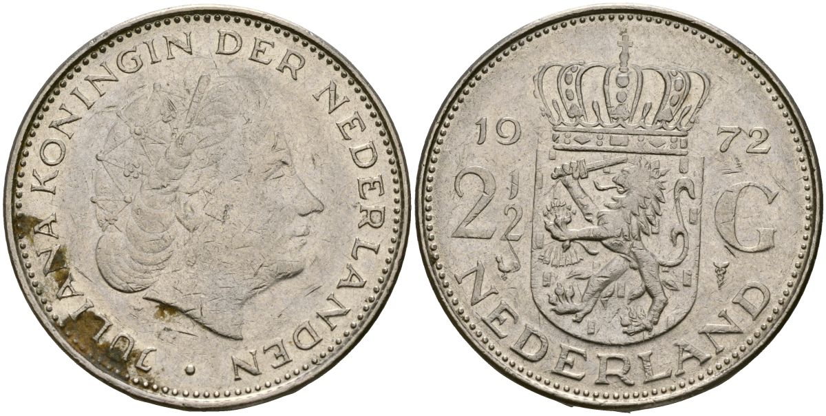 Нидерланды 2 1/2 гульдена 1972 Юлиана (1948-1980) KM 191 никель 4162-741