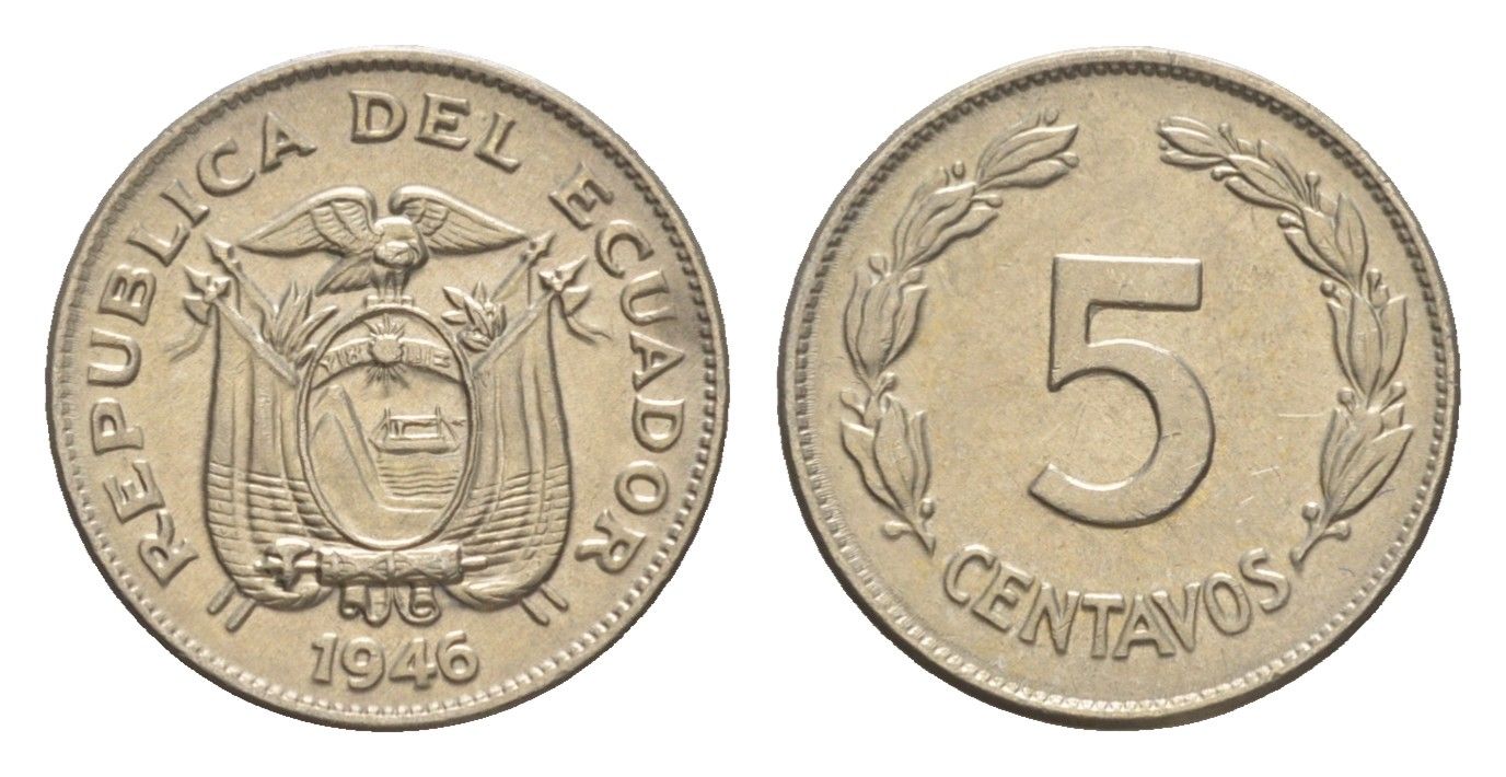 Эквадор 5 сентаво 1946 KM 75b медно-никель aUNC 4640-1124