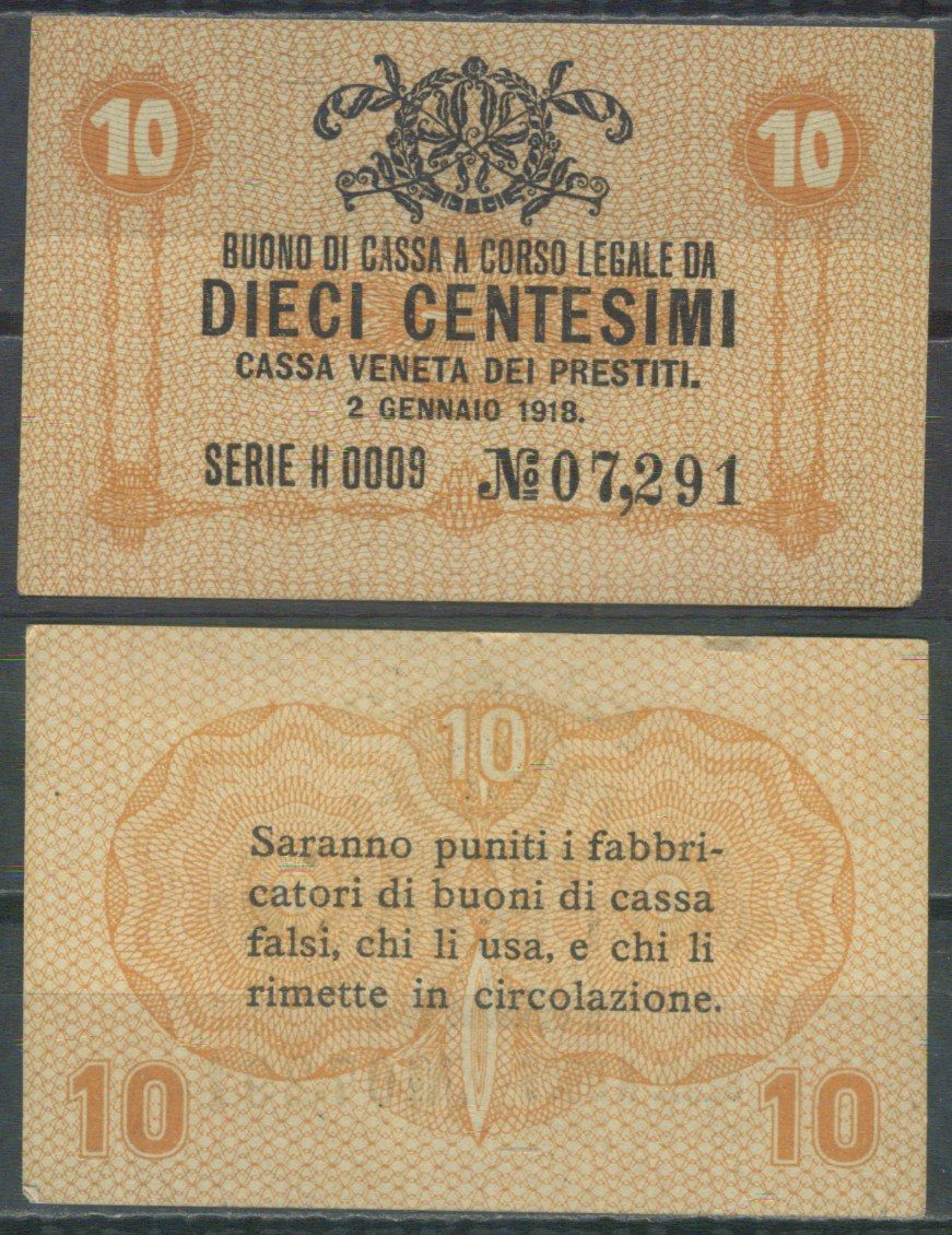 Италия 10 чентезимо 1918 	Венецианский ссудный банк Pick M2 бумага aUNC 7554-10-1-2