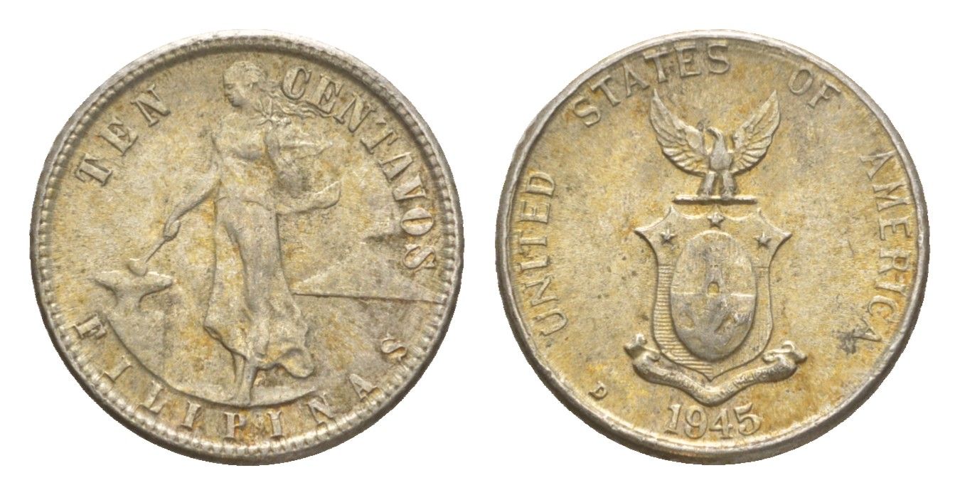 Филиппины 10 сентаво 1945 KM 181 серебро 4649-636