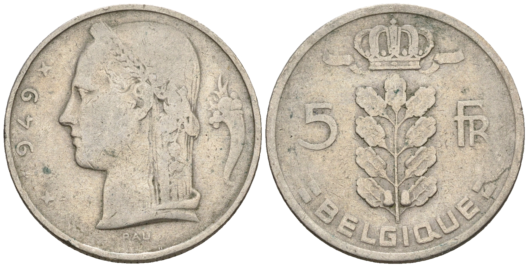Бельгия 5 франков 1949 Леопольд III (1934-1950), Belgique KM 134.1 медно-никель 259-1045