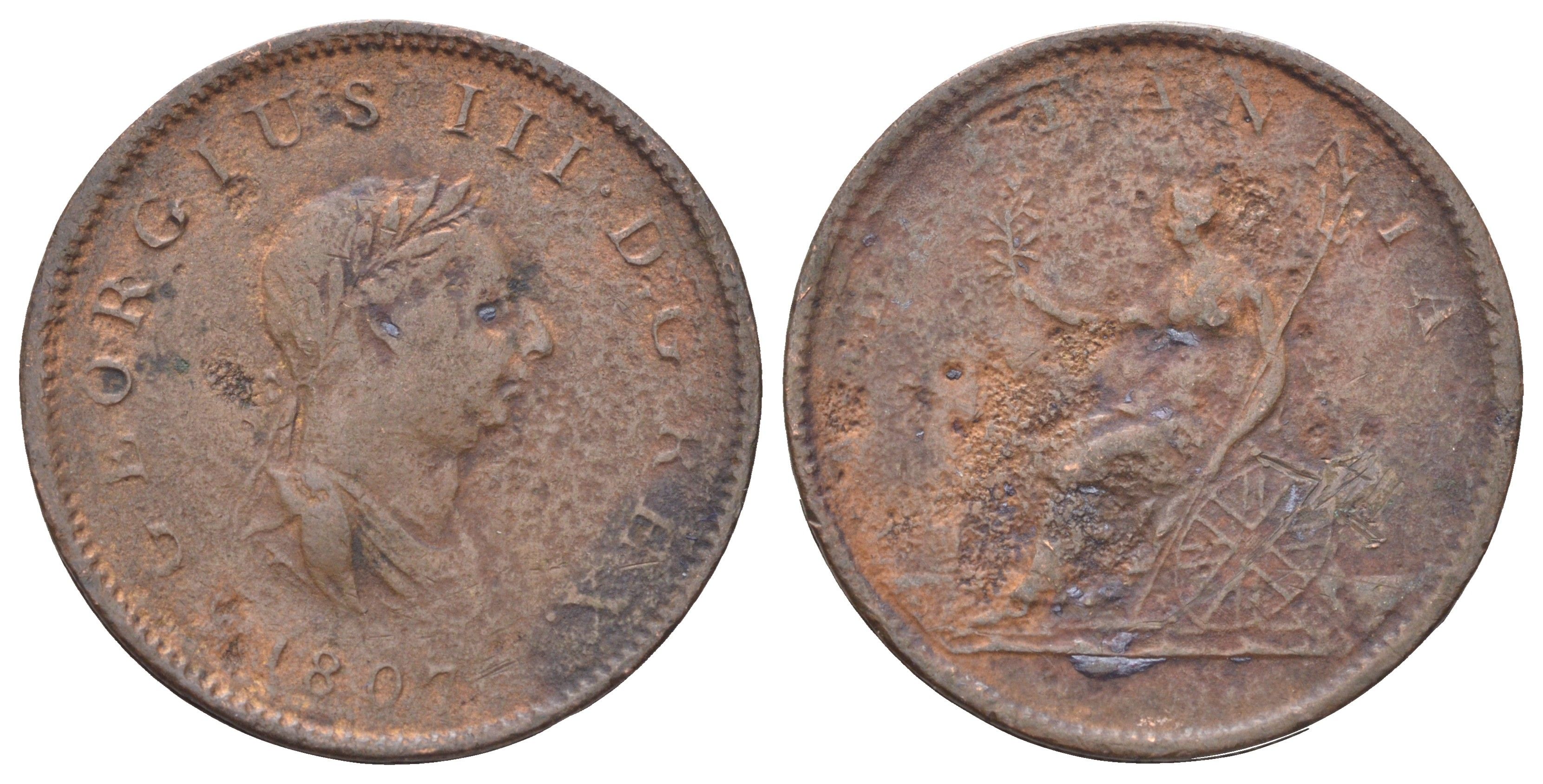 Великобритания 1/2 пенни 1807 Георг III (1760-1820) KM 662, Spink 3781 медь 4707-835
