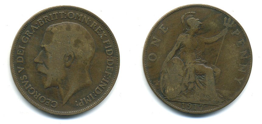 Великобритания 1 пенни 1917 Георг V (1910-1936) КМ 810, Spink 4051 бронза 4110-141