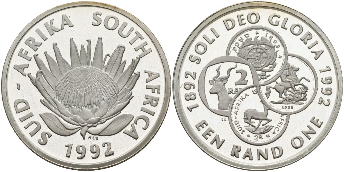 ЮАР 1 ранд 1992 100 лет монетам ЮАР (1892-1992) KM 143 серебро PROOF 1096-1-73