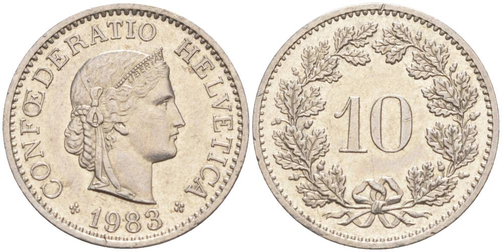 ШВЕЙЦАРИЯ 10 РАППЕНОВ 1983 KM 27 медно-никель 55-524