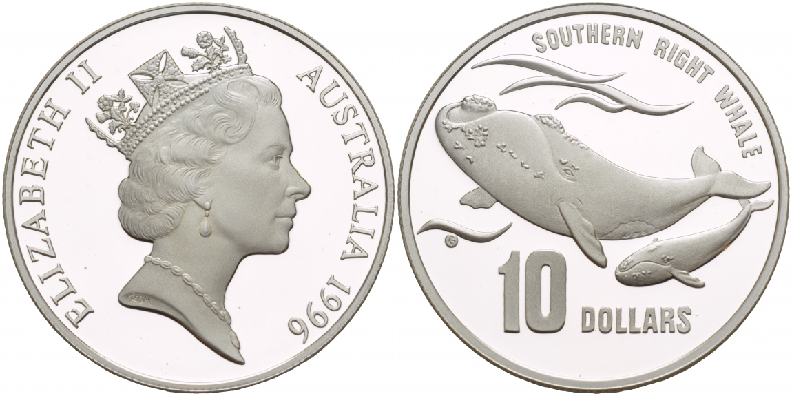 Австралия 10 долларов 1996 природа Австралии, южный гладкий кит, с китенком KM 314 серебро PROOF 1087-7-34
