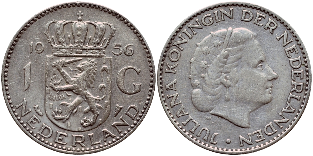 Нидерланды 1 гульден 1956 Юлиана (1948-1980) KM 184 серебро 1522-135
