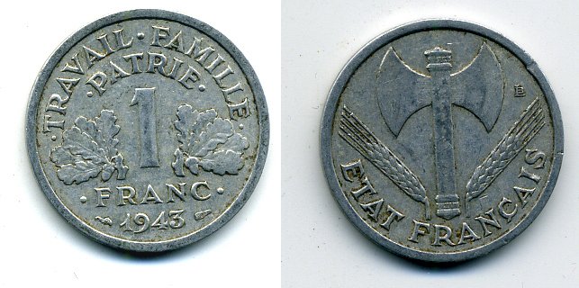 ФРАНЦИЯ 1 ФРАНК 1943 LB, ТИП LEGERE, ПРАВИТЕЛЬСТВО ВИШИ KM 902.1, LE FRANC 223.3 алюминий 37-1013