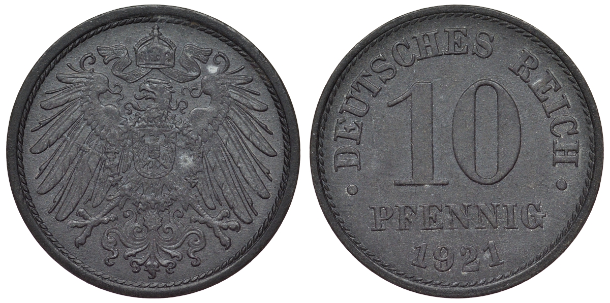 Германия 10 пфеннигов 1921 KM 26, J. 299, Weege 8 цинк 4119-357