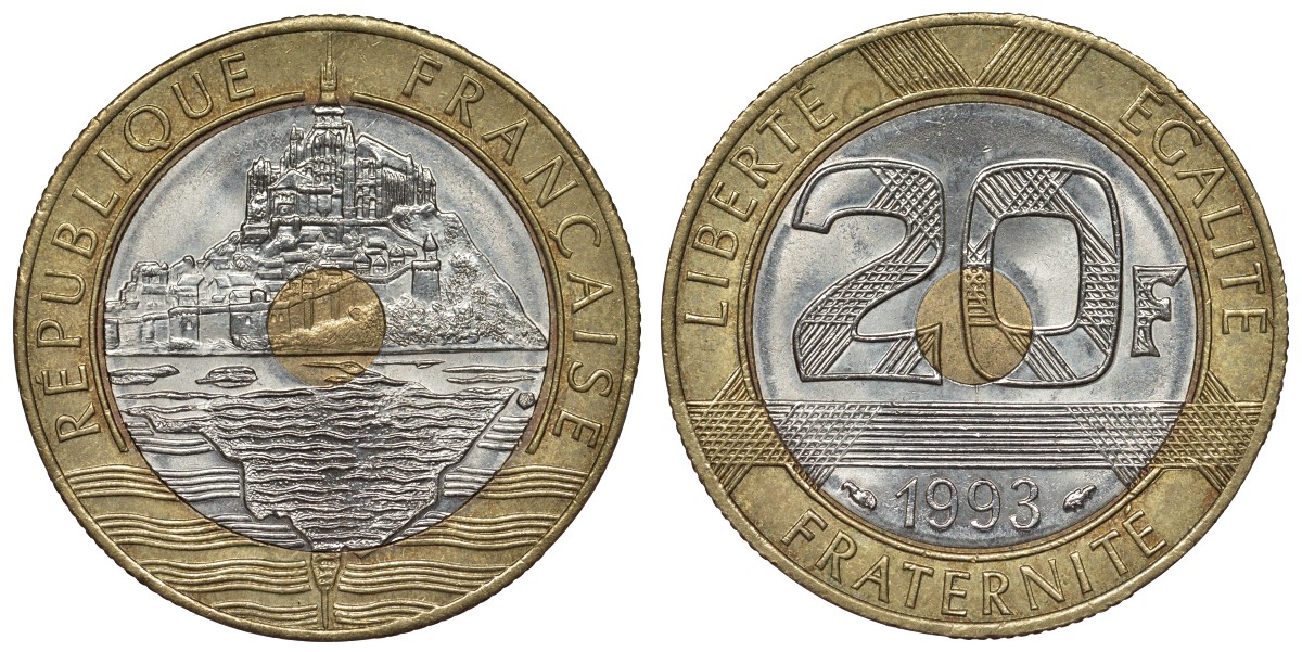 Франция 20 франков 1993 Мон-Сен-Мишель KM 1008.2, Le Franc 403.7 триметалл 4123-714