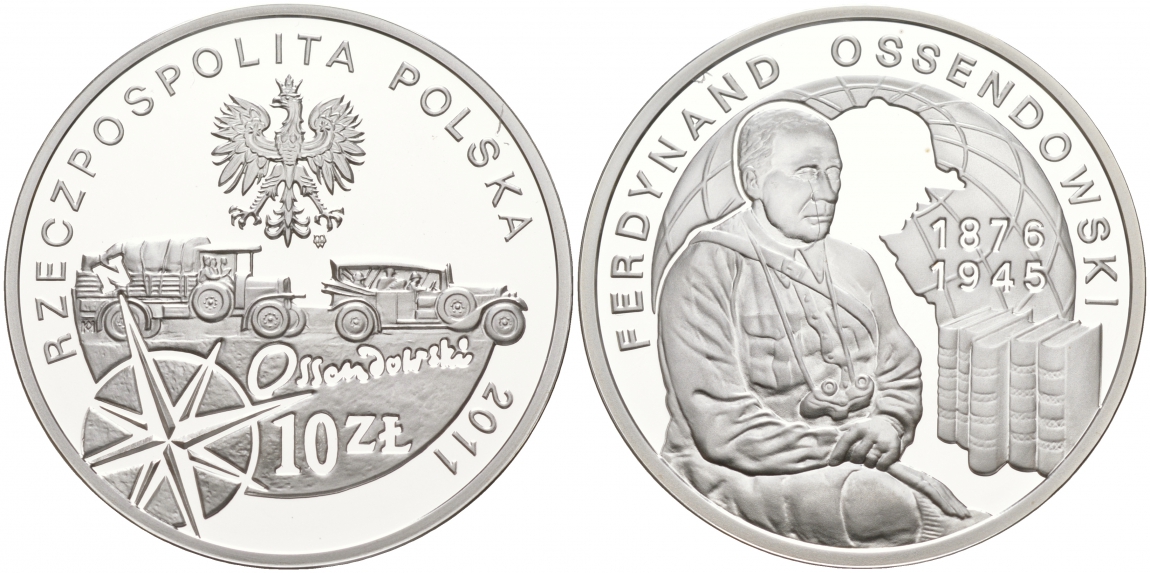 Польша 10 злотых 2011 серия польские путешественники, Фердинанд Оссендовский KM 798 серебро PROOF 11-012-22