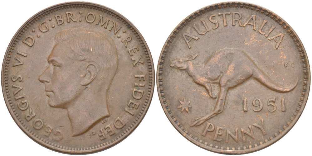 АВСТРАЛИЯ 1 ПЕННИ 1951 m, ГЕОРГ VI (1936-1952), КЕНГУРУ KM 43 бронза 4512-1144