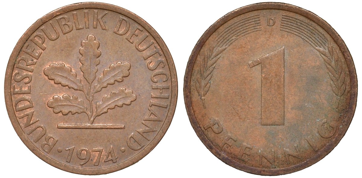 ФРГ 1 пфенниг 1974 D KM 105, J.380 сталь плакированная медью 4174-445